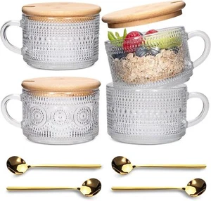 Vintage Coffee Mugs 4pcs Set, Clear Embossed Tea Cups with Bamboo Lids - Picture 1 of 7