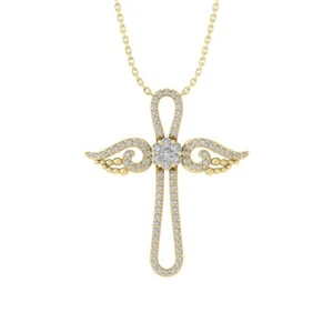 14k Yellow Gold Lab Grown Diamond Cross Pendant Necklace 18" Silver Cable Chain - Picture 1 of 5