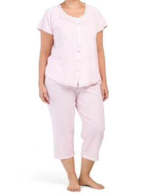 Nwt $60 ARIA Pink/White STRIPE 2 Pc Short Sleeve Top & Capri Pants Pajama Set 2X - Image 1 of 3