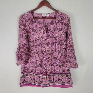 Camisa Kim Rogers Mujer Pequeña Rosa Popover Top Floral Manga con Pestaña Redonda Cuello Dividido - Imagen 1 de 9