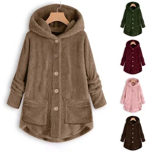 Women Plus Size Button Up Plush Fleece Hooded Loose Cardigan Coat Winter Jacket - Picture 1 of 34