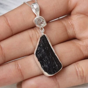 Black Tourmaline & Herkimer Diamond Raw 925 Sterling Silver Pendant - Picture 1 of 4
