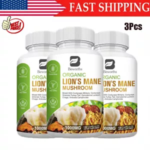 3X1000Mg Organic Lions Mane Mushroom Nootropic Brain Memory Focus Immune Support - Picture 1 of 8