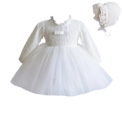 Langarm Spitze Taufe Partykleid und Motorhaube weiß elfenbein 0-3 bis 18-24 M - Bild 1 von 2