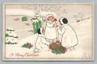 Fur Coat Girls Hugging Pig ~ Antique Snow Christmas Postcard ~ Gold Medal Art