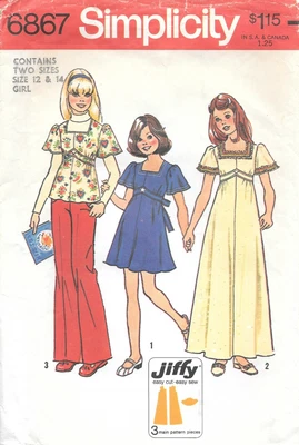 Simplicity Sewing Pattern # 6867 Girls Dress In Two Lengths or Top Size: 12-14 - Image 1 of 2
