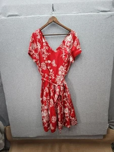 Lands End Red Floral Print Dress 22W Belted Short Sleeves - Picture 1 of 4