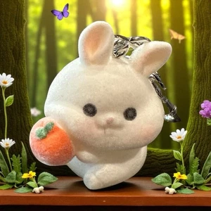 Fuzzy Bunny Bag Charm White Flocked Rabbit Clip Dangle Backpack Charms Cute Gift - Picture 1 of 9