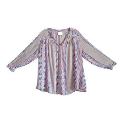 ANTHROPOLOGIE MAEVE Women M Blouse Southwest Button Up 3/4 Sleeve Beige Blue 44" - Image 1 of 4