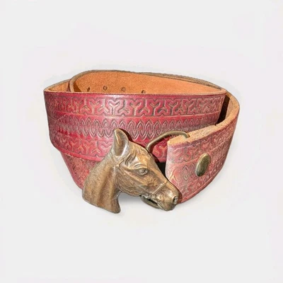 Vintage Leather Belt Bergamont Brass Works Horse Belt Buckle 1975, 29” to 33"  - Image 1 of 4