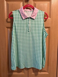 Lands’ End ärmelloses Polo – Größe 1X – Draper James hellgrün/rosa Gingham-Mix - Bild 1 von 6