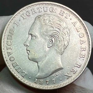 🇵🇹 Portugal Rey Luis 500 Reis Plata 1877 Tonificado UNC - Imagen 1 de 5