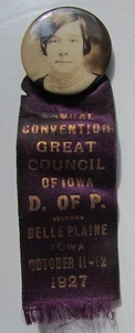 1927 Degree of Pocahontas Belle Plaine IOWA ann convention D of P celluloid pin - Picture 1 of 2