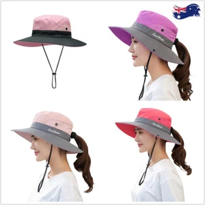 Women Wide Brim Ponytail Hat Sun Protect Visor Summer Beach Floppy Cap Anti UV - Picture 1 of 17