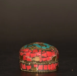 Collection of Nepalese Inlaid Red Pine and Green Pine Gemstone Powder Box Orname - Picture 1 of 8