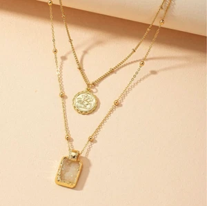 Women's Double Necklace Pendant Gold Plated Stainless Steel Chain Woman Jewelry - Picture 1 of 3