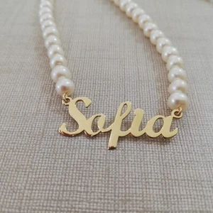 Collana di perle 5 millimetri di acqua dolce con nome in oro 18 kt lunga 44 cm - Foto 1 di 12