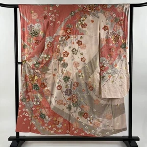 Japanese kimono SILK FURISODE Plum Blossoms Gold Thread Foil Pink - Picture 1 of 5