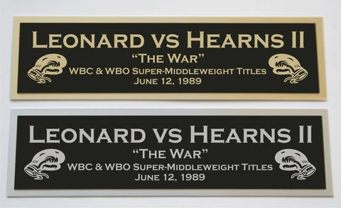 Sugar Ray Leonard vs Thomas Hearns II "The War" nameplate signed gloves trunks Cover