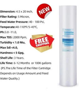 Geekpure 20” Polypropylene,PP20-BB-5 Whole House Sediment Filter,4.5x20,5 Micron - Picture 1 of 5