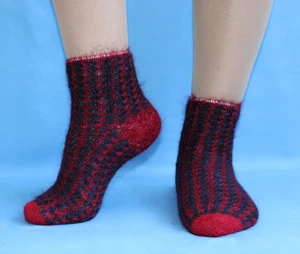 Red Blue Crochet Russian Orenburg Goat Wool Socks, Warm Boot Socks, Foot Warmers - Picture 1 of 4