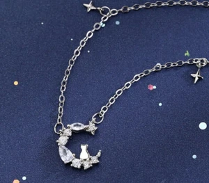 Women Moon Star Cat Pendant Chain Necklace 925 Sterling Silver Jewellery Gift UK - Picture 1 of 3