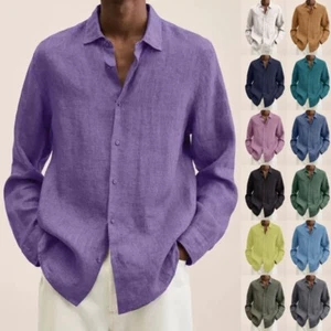Mens Long Sleeve Linen Shirt Casual Baggy Button-up Formal Solid T Shirt Tops US - Picture 1 of 22