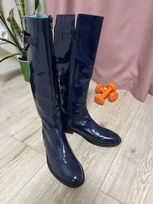 Vintage navy blue patent leather over the knee boots size 40/ UK 6.5 - Image 1 of 4