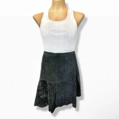 Bebe Black Suede Leather Asymmetrical Ruffle Skirt Sz 6 - Image 1 of 4