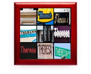 Personalisierte Andenkenbox mit dem Namen THERESA auf Fotos von Schildern - Bild 1 von 1