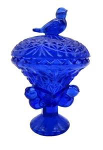 Hofbauer Byrdes Style Cobalt Blue Glass Oval Trinket Dish W/Bird Lid & Pedestal - Picture 1 of 4