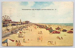 Postal de paseo marítimo y playa de Daytona Beach FL - Escena de autos y noria - Imagen 1 de 2