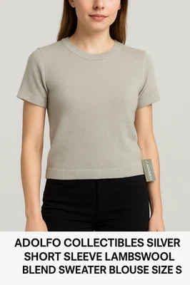 Blusa Suéter Adolfo Collectibles Plateada Manga Corta Mezcla Lana Corderos Talla S Foto 1 de 4