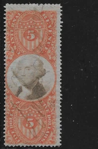 US Scott R148, $5.00 Internal Revenue, 3rd Issue, Red, Used, NG, VF - Picture 1 of 1