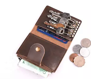 key bag wallet purse ID card holder pocket pouch case Cow Leather brown W1006 - Picture 1 of 4