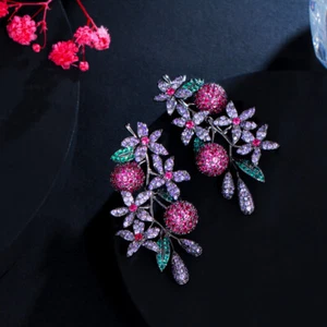 Pendientes largos redondos de flores de plata 925 con circonita cúbica rosa roja púrpura joyería de moda - Imagen 1 de 10