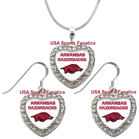 Arkansas Razorbacks Team Heart Rhinestone Necklace Or Earrings On 925 Chain/Hook Cover