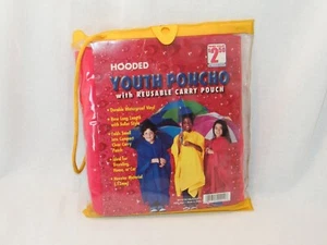 New Hooded Youth Rain Poncho . Red . Waterproof Vinyl w/ Reusable Carry Pouch - Picture 1 of 3