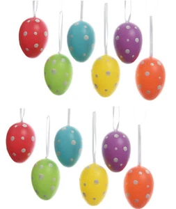 12 Ostereier 6cm zum Aufhängen Bunt Mix Punkte Hängedeko Osterdeko Gartendeko - Bild 1 von 2