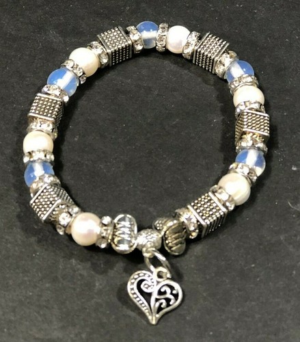 OFF WHITE Bracciali Donna 7" 8" Perline Fascia Elasticizzata Clr Blu Off White Argento Cuore Nuovi