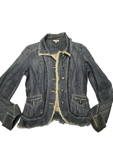 Vintage Cache Frayed Edge Rhinestone Button Up Notched Collar Denim Jean Jacket - Picture 1 of 8