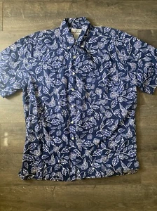Mens M Aka Vintage Eddie Bauer Hawaiian shirt Cotton Geometric Floral Blue Aloha - Picture 1 of 5