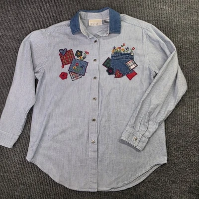 Camisa Casey Max Mujer Mediana Azul Blanco Rayas Denim Floral Cottage Patchwork Foto 1 de 4