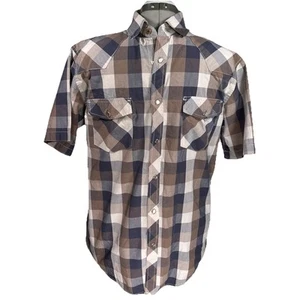 Mens Coastal Plaid Short Sleeve Western Cut Pearl Snap Shirt Gray Sz L - Picture 1 of 11