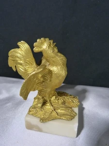 Skulptur Statuette Antik aus Bronze Golden Vogel Hahn Couch- Hof Huhn Alabaster - Picture 1 of 14