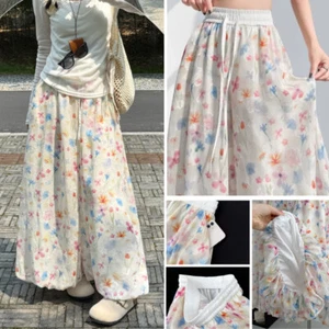 Lady Floral Bloomer Pants Puffy Culottes Elastic Waist Cropped Wide Leg Trousers - Picture 1 of 15