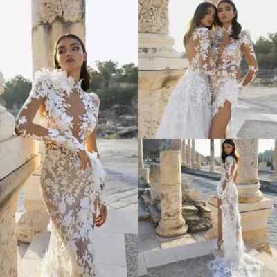 High Side Split Wedding Dresses Lace 3D Floral Applique Mermaid Bridal Gowns - Image 1 of 4