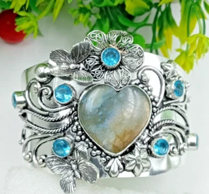 925 Sterling Silver Labadorite &Topaz Gemstone Handmade Jewelry Cuff Bracelet - Picture 1 of 4