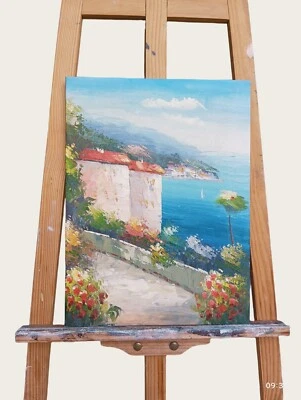 Original handpainted oil painting wall art on canvas flowers and sea living room - Image 1 of 2