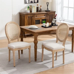 Set of 2 French Country Solid Wood Linen Fabric Rattan Back Dining Chair Beige - Picture 1 of 13